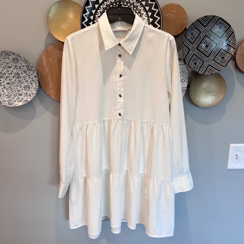 Amanda Uprichard Ivory Tiered Long Sleeve Mini Shirt Dress XS Pockets